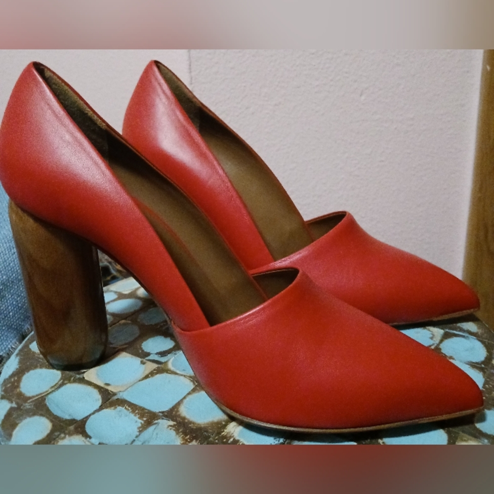 Mulberry red leather wood stack heels